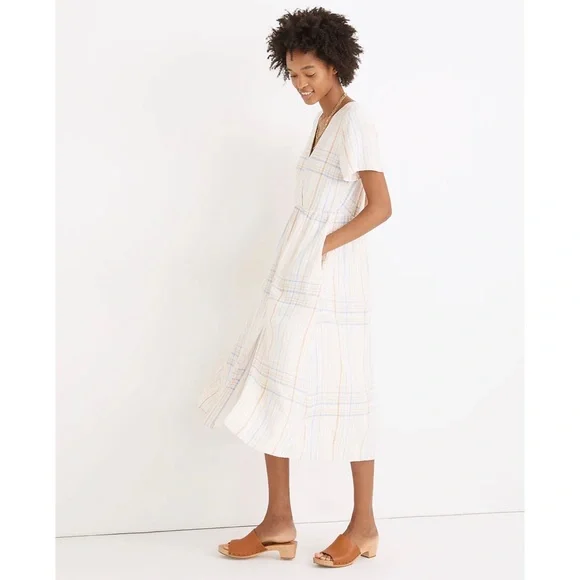 NWT Madewell Linen-Blend Clara Midi Dress in Plaid Pastel - Picture 4 of 12